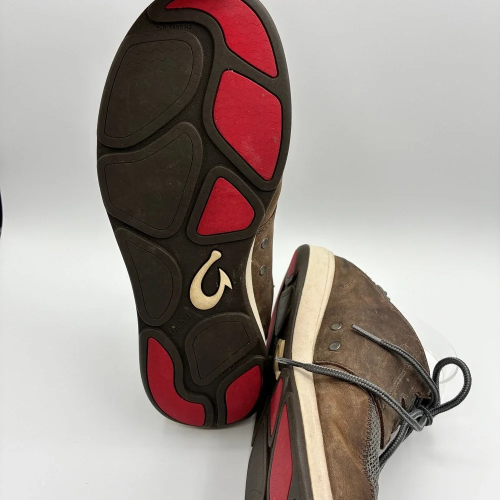 OluKai Makia Leather Boat Shoes Mens 9 EU 42 Brown Gray Lace Up Sneakers